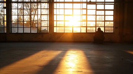 Aufkleber - Serene Moment at Sunset in an Abandoned Space with Strong Light Beams : Generative AI