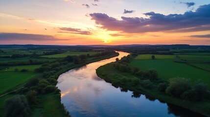 Poster - Stunning Aerial View of Serene River During Sunset in Countryside : Generative AI