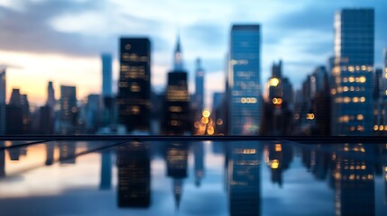 Poster - Blurred City Skyline in Twilight with Beautiful Reflections and Bokeh Effects Creating a Calming Atmosphere : Generative AI