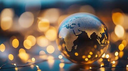 Poster - Glowing globe design with world map details surrounded by festive warm lights : Generative AI