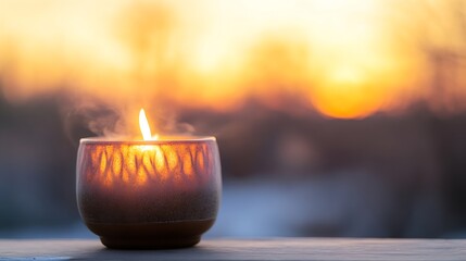 Fototapete - Beautiful candle glowing softly on a table outdoors as the sunset casts a warm orange light : Generative AI
