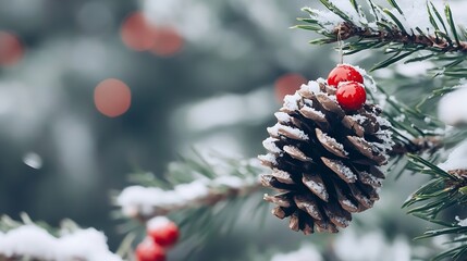 Poster - Winter holiday decoration with pine cone and red berries against a snowy backdrop : Generative AI