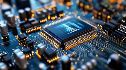 Aufkleber - Close Up View of a Computer Chip on a Circuit Board with Glowing Elements : Generative AI