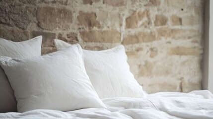 Leinwandbilder - Minimalist Bedroom with Bright White Pillows Against Stone Wall Backdrop : Generative AI
