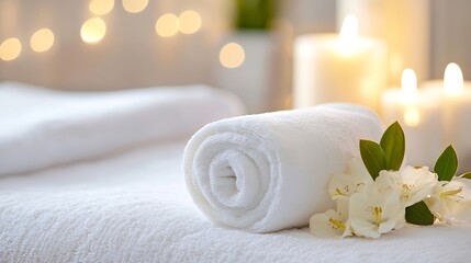 Aufkleber - Luxurious Spa Setting with Rolled White Towels and Soft Candlelight for Relaxation Themes : Generative AI