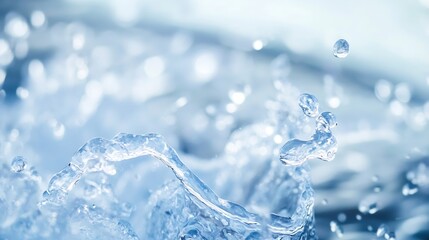 Poster - Closeup of water droplets splashing and creating a stunning pattern in clear liquid on a blue background : Generative AI