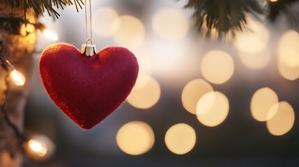 Aufkleber - Glistening red heart ornament hanging from a Christmas tree with blurred lights in the background : Generative AI