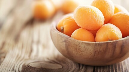Poster - Ripe and Juicy Apricots in a Wooden Bowl on Rustic Table : Generative AI