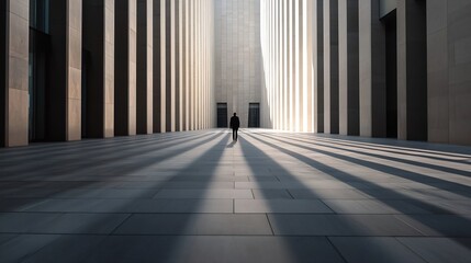 Aufkleber - Mysterious figure walking alone through tall architectural shadows emphasizing urban solitude : Generative AI