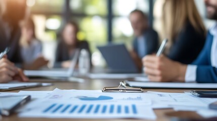 Fototapete - Focused business meeting with charts and discussions taking place in a modern office : Generative AI