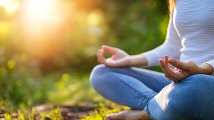 Fototapete - Peaceful Outdoor Meditation in Nature with Soft Sunlight and Relaxed Practitioner Expressing Inner Peace : Generative AI