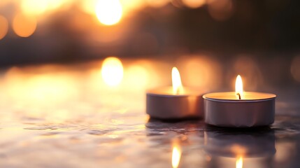 Aufkleber - Close up of flickering candles on a reflective surface during a serene sunset atmosphere : Generative AI