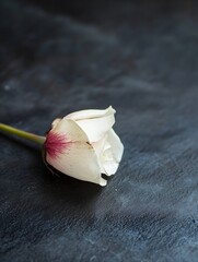 Poster - Delicate white rose with subtle pink edges lying on a textured dark surface : Generative AI