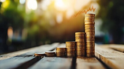 Aufkleber - Bright Shiny Coins Stacked on a Wooden Table Signifying Financial Growth and Economic Prosperity : Generative AI