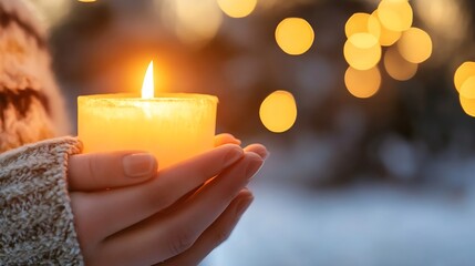 Fototapete - Soothing candle held in hands surrounded by warm bokeh lights creating a serene and peaceful ambiance : Generative AI