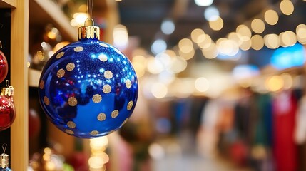 Poster - Beautiful blue Christmas ornament with golden dots hanging against a softly lit backdrop of festive decorations : Generative AI