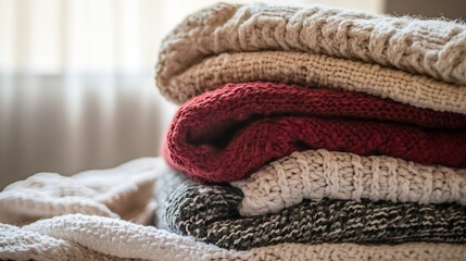 Poster - Stack of Cozy Knitted Sweaters Perfect for Winter Fashion and Seasonal Comfort : Generative AI