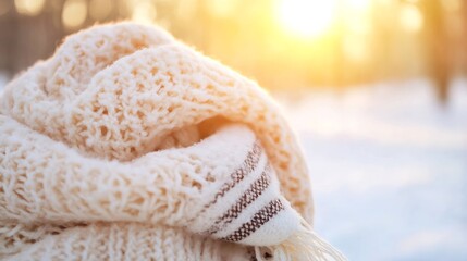 Poster - Warm and Cozy Knitted Scarf in the Glowing Light of Sunrise on a Winter Morning : Generative AI