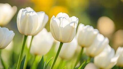 Poster - Beautiful white tulips blooming in garden with soft sunlight creating blurred background : Generative AI