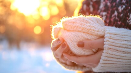 Poster - Warm Hands Cradling a Soft Knit Sweater Against a Beautiful Golden Sunset : Generative AI
