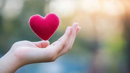 Poster - Hand holding felt heart symbolizing love and compassion in a soft light background : Generative AI