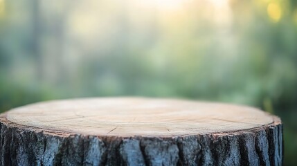 Poster - Close up view of a tree stump resting in a sunlit forest background symbolizing nature and sustainability : Generative AI
