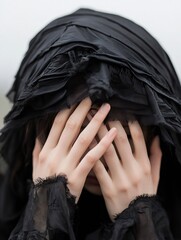 Poster - A person covered in a black cloak hiding their face reflecting a deep sense of mystery and emotion : Generative AI