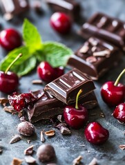 Poster - Rich dark chocolate pieces surrounded by fresh cherries and mint leaves on a textured surface : Generative AI