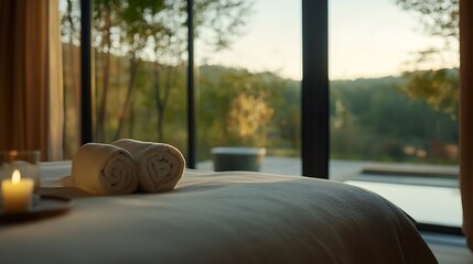 Aufkleber - Luxurious Spa Room with Rolled Towels and Candle Light Next to Large Windows Overlooking Greens : Generative AI