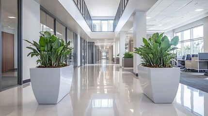 Aufkleber - Modern Office Interior Design Featuring Stylish Plants and Bright Open Space Exuding Professionalism : Generative AI