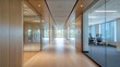 © Generative AI - Bright and Inviting Office Corridor with Glass Walls and Natural Lighting from Large Windows : Generative AI