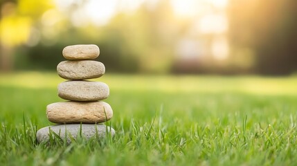 Aufkleber - Stack of Smooth Stones Balanced on Green Grass During a Calm Day : Generative AI