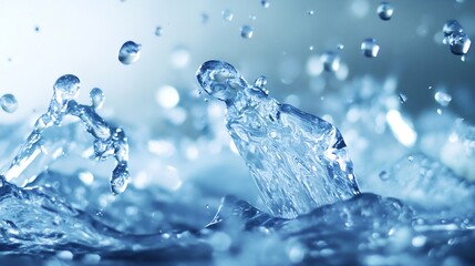 Poster - Closeup of dynamic water droplets splashing and forming waves in a serene blue backdrop : Generative AI