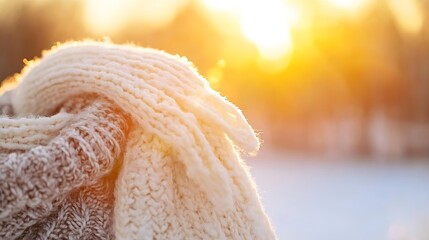 Poster - Beautifully Knit Scarf Draped Over Hands Glowing in the Warm Light of a Winter Sunrise : Generative AI
