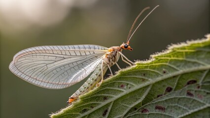 Wall Mural - lacewing on leaf: a detailed macro shot captures a delicate lacewing insect perched on a vibrant gre