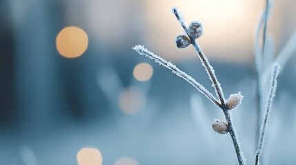Aufkleber - FrostCovered Plant Stems Glowing with Soft Lights in a Gentle Winter Atmosphere : Generative AI
