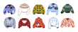 © Paper Trident - Set of ugly sweaters with different Christmas patterns. Designs of Xmas jumpers, tacky clothes for winter holiday. Cozy warm knitted pullovers. Flat isolated vector illustrations on white background