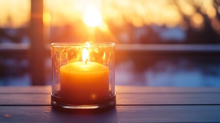 Poster - Burning candle inside glass holder providing warm atmosphere at sunset eve : Generative AI