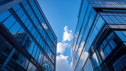 Aufkleber - Modern Urban Architecture with Reflective Glass Facades Against a Bright Sky with Fluffy Clouds : Generative AI