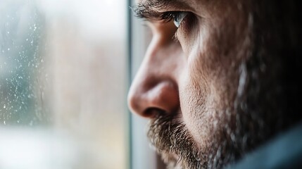 Poster - Thoughtful man gazing out the window with raindrops highlighting his pensive expression : Generative AI