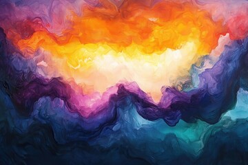 Wall Mural - Abstract painting of vibrant, swirling colors, oranges, purples, and blues blend seamlessly. Ideal for designs needing a dreamy, emotional, or spiritual feel.