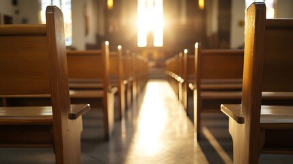 Aufkleber - Interior of a Serene Church with Wooden Benches Illuminated by Soft Golden Light Streaming Through Windows : Generative AI