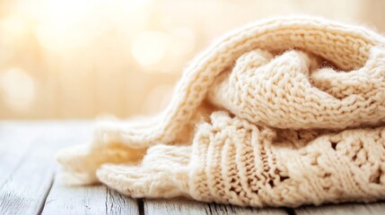 Poster - Folded Cozy Knit Sweaters in Soft Light on Wooden Table Background : Generative AI