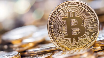 Aufkleber - Closeup of a golden Bitcoin coin resting on a stack of shiny coins symbolizing cryptocurrency wealth : Generative AI