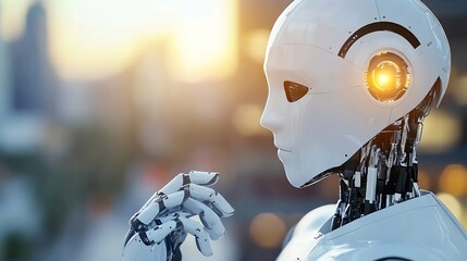 Aufkleber - Futuristic Robot Close Up with Glowing Eye and Modern Background : Generative AI
