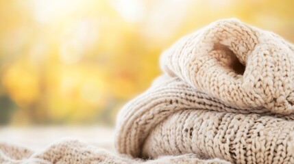 Poster - Soft Knit Sweater Rolled Neatly on a Cozy Surface with a Warm Glow : Generative AI