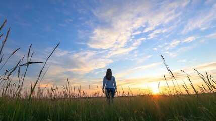 Wall Mural - Silhouette of Woman Walking in Tall Grass During Exquisite Sunset Hour : Generative AI
