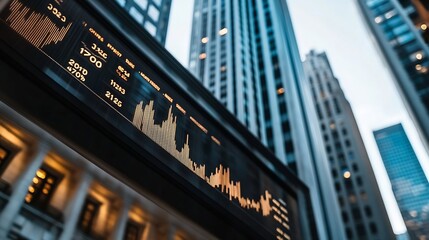 Leinwandbilder - Urban skyline with financial display board reflecting modern architecture and stock market trends : Generative AI