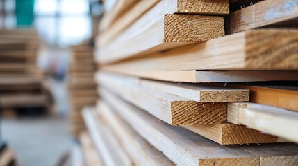 Aufkleber - Stack of Wooden Planks in a Workshop Representing Construction Materials and Craftsmanship : Generative AI