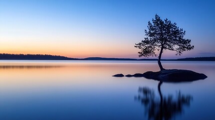 Aufkleber - Serene lake view at sunset with a solitary tree reflecting on the tranquil water surface : Generative AI